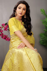 Elegant Pastel Yellow Banarasi Jacquard Silk Saree with Subtle Gold Zari Weaving