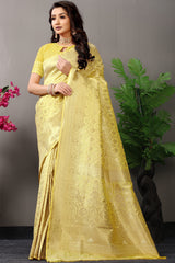 Elegant Pastel Yellow Banarasi Jacquard Silk Saree with Subtle Gold Zari Weaving