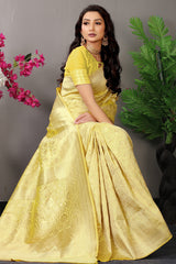 Elegant Pastel Yellow Banarasi Jacquard Silk Saree with Subtle Gold Zari Weaving