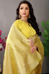 Elegant Pastel Yellow Banarasi Jacquard Silk Saree with Subtle Gold Zari Weaving