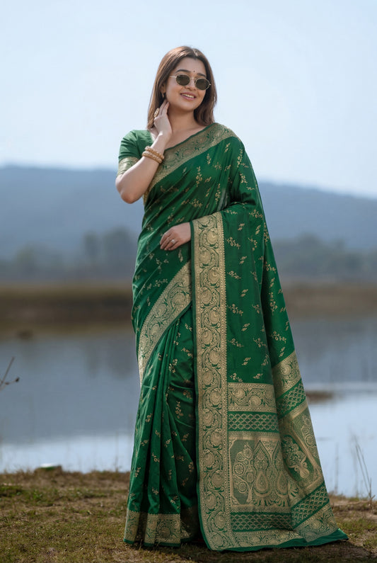 Bottle Green Banarasi Silk Saree with Intricate Zari Border and Pallu