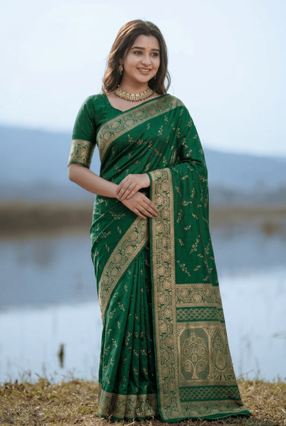 Bottle Green Banarasi Silk Saree with Intricate Zari Border and Pallu