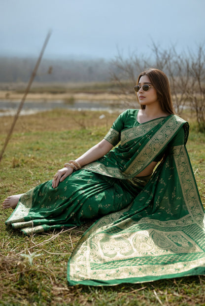 Bottle Green Banarasi Silk Saree with Intricate Zari Border and Pallu