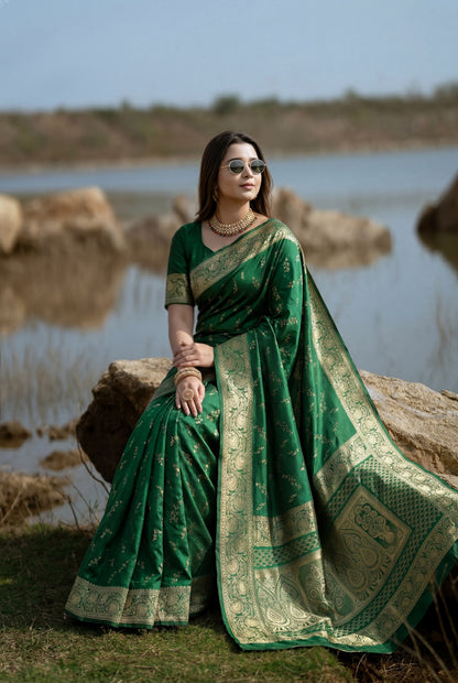 Bottle Green Banarasi Silk Saree with Intricate Zari Border and Pallu
