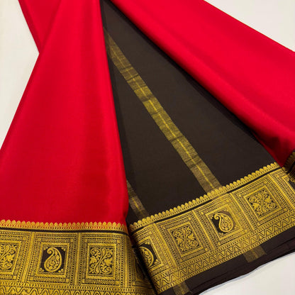 Red Silk Saree with Black & Gold Temple Border (celebrity-inspired Wedding Style)
