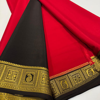 Red Silk Saree with Black & Gold Temple Border (celebrity-inspired Wedding Style)