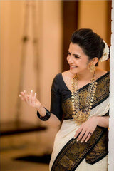 Moiety Off White Soft Banarasi Silk Saree With Panoply Blouse Piece