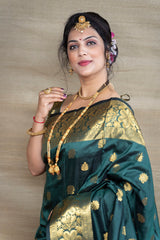 Majestic Bottle Green Banarasi Jacquard Saree with Rich Gold Zari Weaving