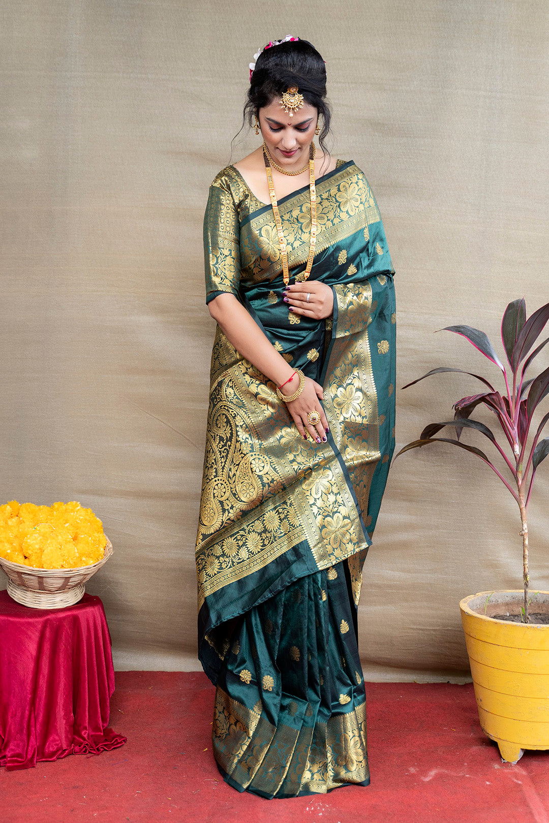 Majestic Bottle Green Banarasi Jacquard Saree with Rich Gold Zari Weaving