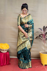 Majestic Bottle Green Banarasi Jacquard Saree with Rich Gold Zari Weaving