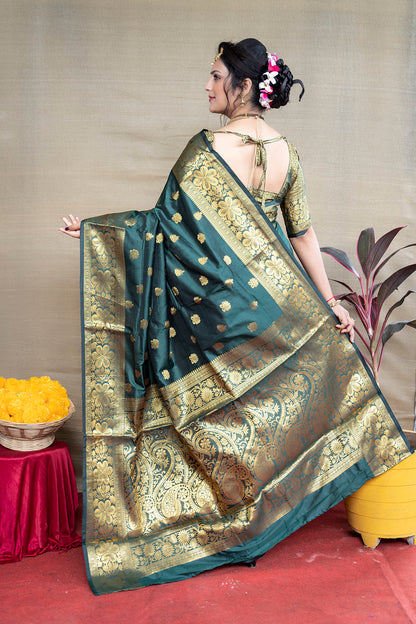 Majestic Bottle Green Banarasi Jacquard Saree with Rich Gold Zari Weaving