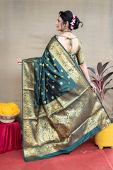 Majestic Bottle Green Banarasi Jacquard Saree with Rich Gold Zari Weaving