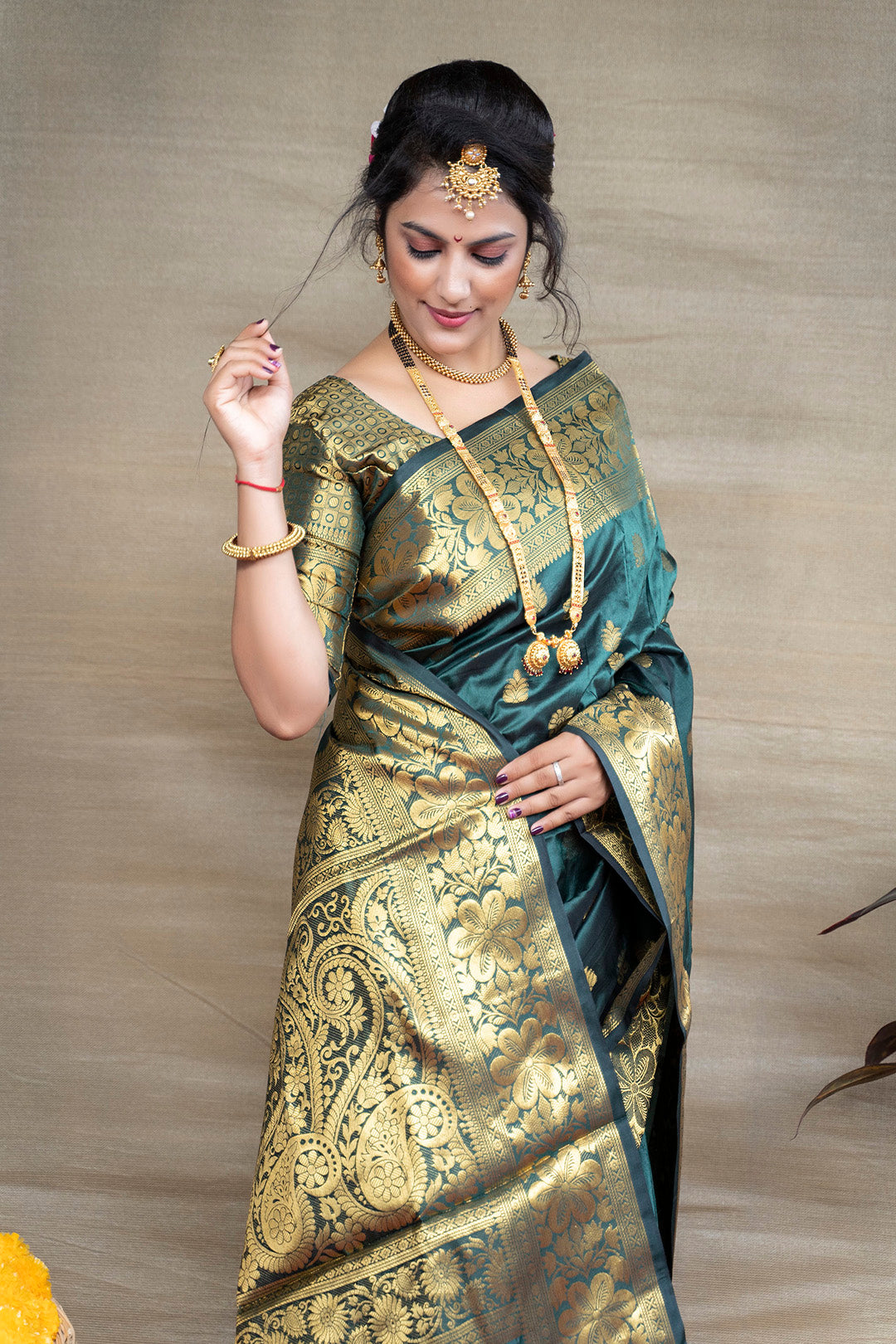 Majestic Bottle Green Banarasi Jacquard Saree with Rich Gold Zari Weaving