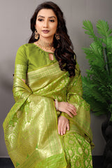 Parrot Elegance: Leaf Green Banarasi Silk Saree with Grand Gold Zari Work