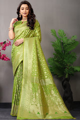 Parrot Elegance: Leaf Green Banarasi Silk Saree with Grand Gold Zari Work