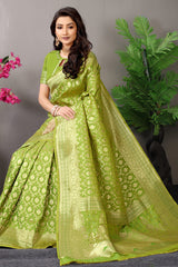 Parrot Elegance: Leaf Green Banarasi Silk Saree with Grand Gold Zari Work