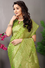 Parrot Elegance: Leaf Green Banarasi Silk Saree with Grand Gold Zari Work
