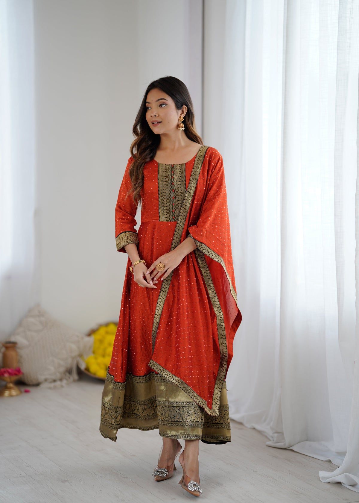 Premium Quality Orange Bluming Vichitra fabric with Jacquard Weaving Lace Border Duptta Gown