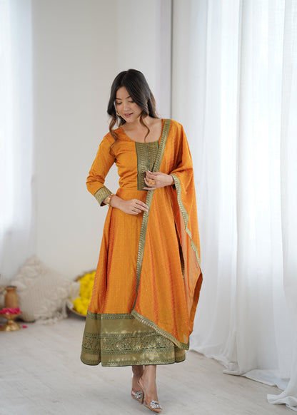 Premium Quality Yellow Bluming Vichitra fabric with Jacquard Weaving Lace Border Duptta Gown