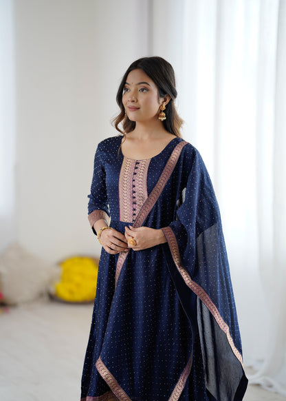 Premium Quality Neavy Blue Bluming Vichitra fabric with Jacquard Weaving Lace Border Duptta Gown
