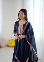 Premium Quality Neavy Blue Bluming Vichitra fabric with Jacquard Weaving Lace Border Duptta Gown
