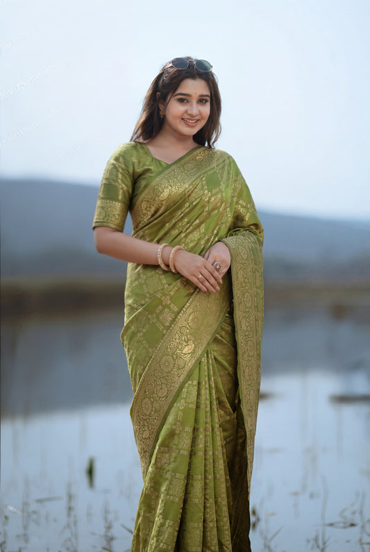 Mehendi Green Banarasi Silk Saree with Traditional Golden Zari Work