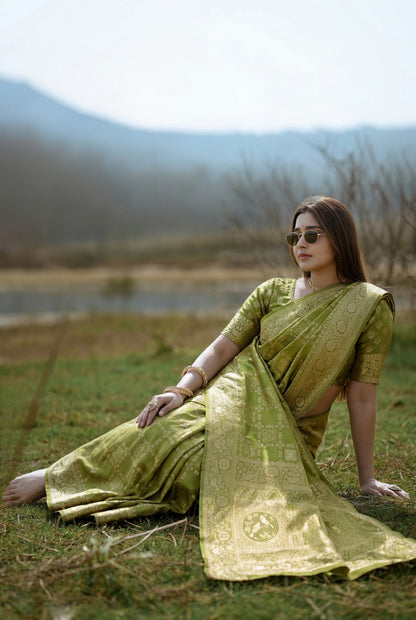 Mehendi Green Banarasi Silk Saree with Traditional Golden Zari Work