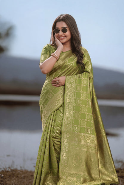 Mehendi Green Banarasi Silk Saree with Traditional Golden Zari Work