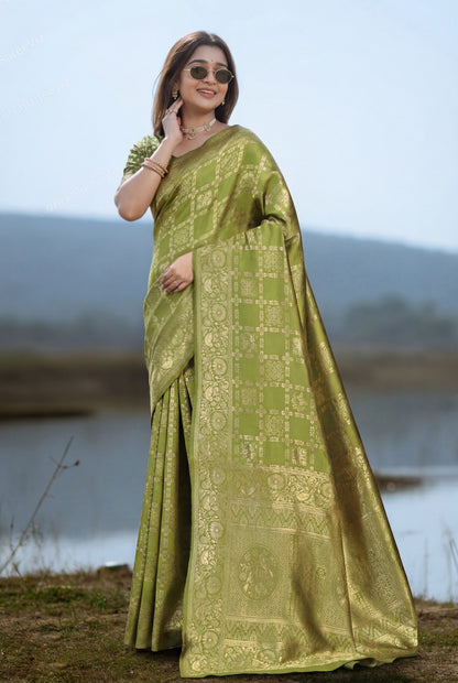 Mehendi Green Banarasi Silk Saree with Traditional Golden Zari Work