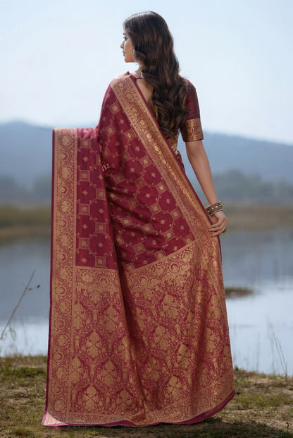 Maroon Banarasi Silk Saree with Intricate Golden Zari Work