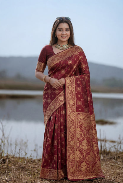 Maroon Banarasi Silk Saree with Intricate Golden Zari Work