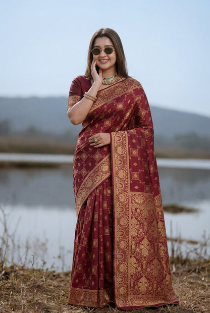 Maroon Banarasi Silk Saree with Intricate Golden Zari Work