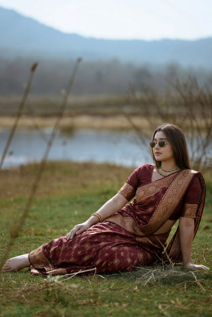Maroon Banarasi Silk Saree with Intricate Golden Zari Work