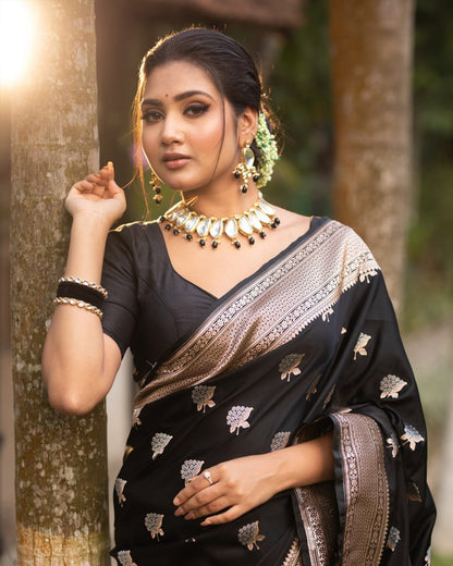 Classic Black Banarasi Saree with Golden-Silver Butta Weave