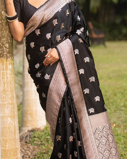Classic Black Banarasi Saree with Golden-Silver Butta Weave