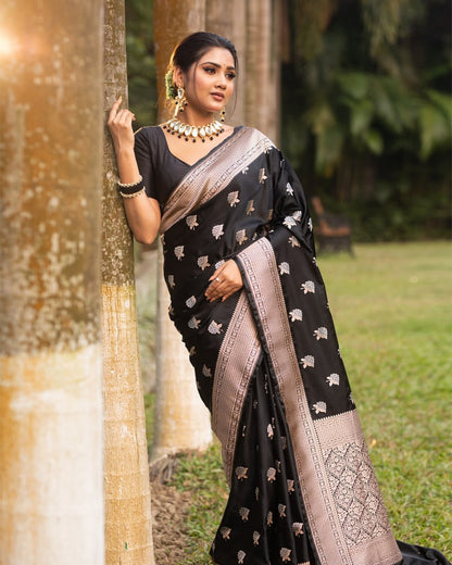 Classic Black Banarasi Saree with Golden-Silver Butta Weave