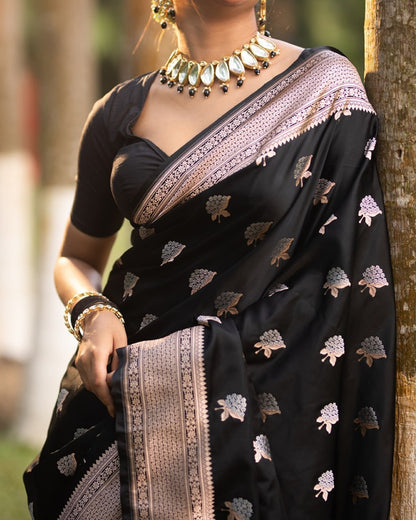 Classic Black Banarasi Saree with Golden-Silver Butta Weave