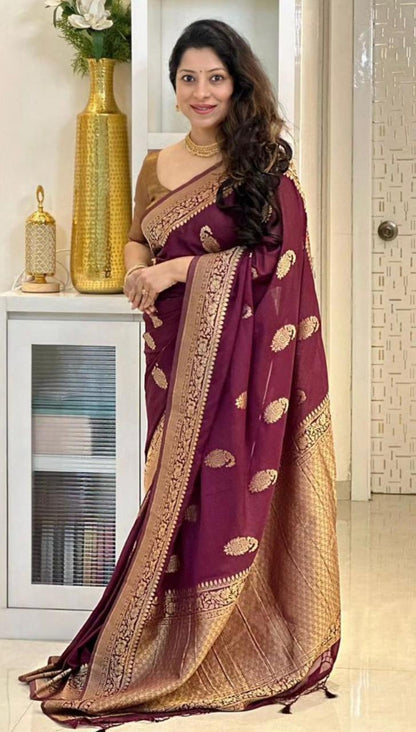 Banarasi Soft Silk Saree With Gold Zari Weaving & Minimal Charm