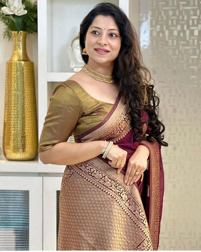 Banarasi Soft Silk Saree With Gold Zari Weaving & Minimal Charm