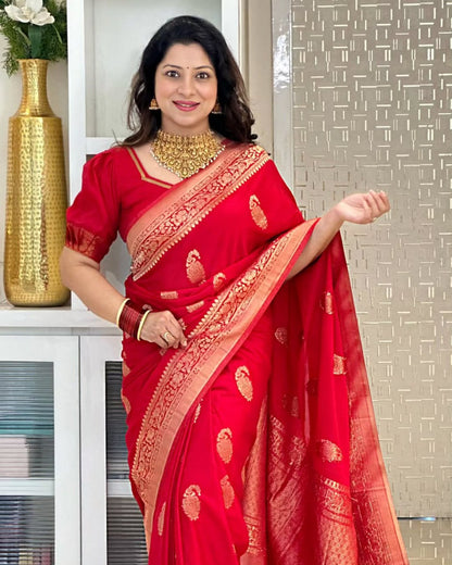Banarasi Soft Silk Saree With Gold Zari Weaving & Minimal Charm