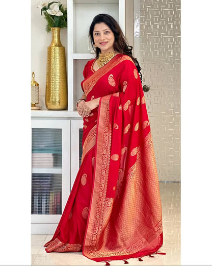 Banarasi Soft Silk Saree With Gold Zari Weaving & Minimal Charm