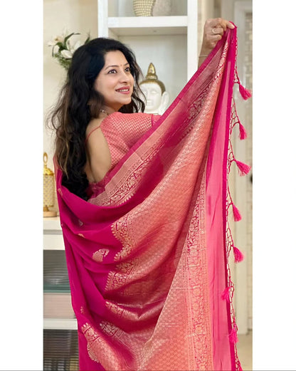 Banarasi Soft Silk Saree With Gold Zari Weaving & Minimal Charm
