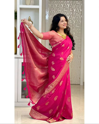 Banarasi Soft Silk Saree With Gold Zari Weaving & Minimal Charm
