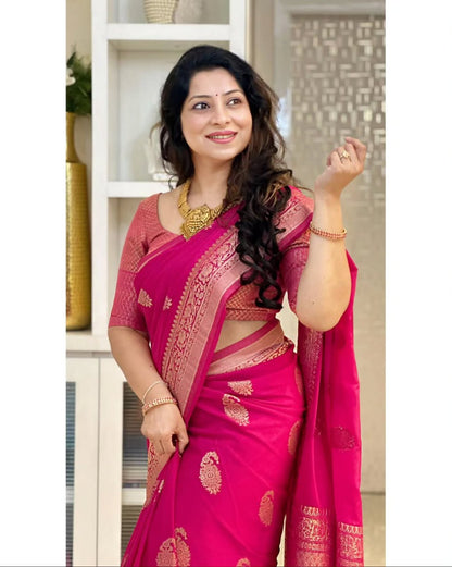 Banarasi Soft Silk Saree With Gold Zari Weaving & Minimal Charm