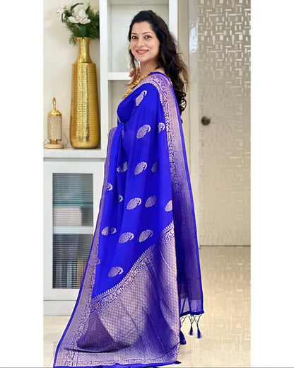 Banarasi Soft Silk Saree With Gold Zari Weaving & Minimal Charm