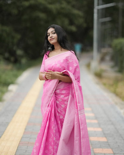 Elegant Pink Banarasi Soft Silk Saree With Classic Minimal Design