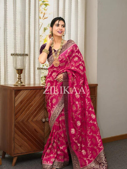 Radiant Banarasi Soft Silk Saree With Minimal Elegance & Rich Finish