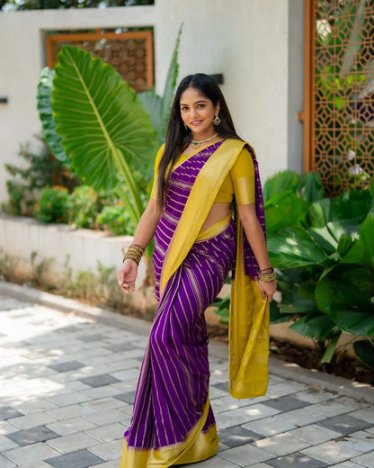 Banarasi Soft Silk Saree With Gold Zari Weaving & Minimal Elegance