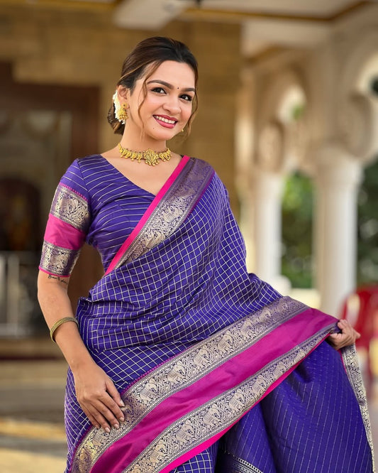 Graceful Banarasi Soft Silk Saree With Minimal Elegance & Rich Hue
