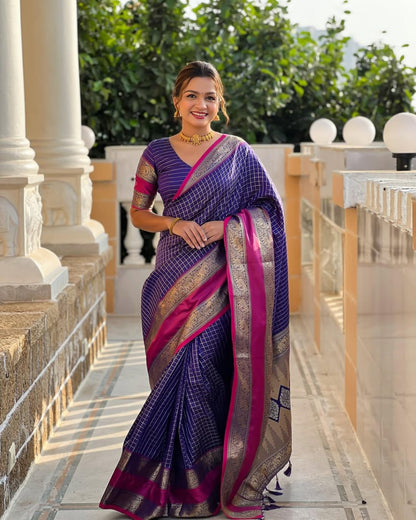 Graceful Banarasi Soft Silk Saree With Minimal Elegance & Rich Hue